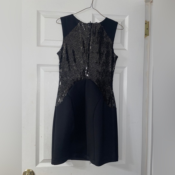 Black Bodycon Sleeveless Party Dinner Dress with Black and Gold Sequins - Picture 2 of 3